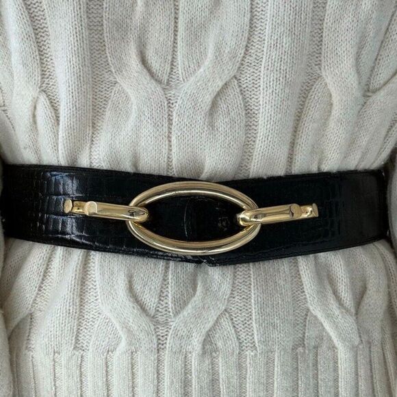 Avignon Accessories - Vintage Avignon Black Leather Croc Embossed Wide Waist Belt Made in France Sz M